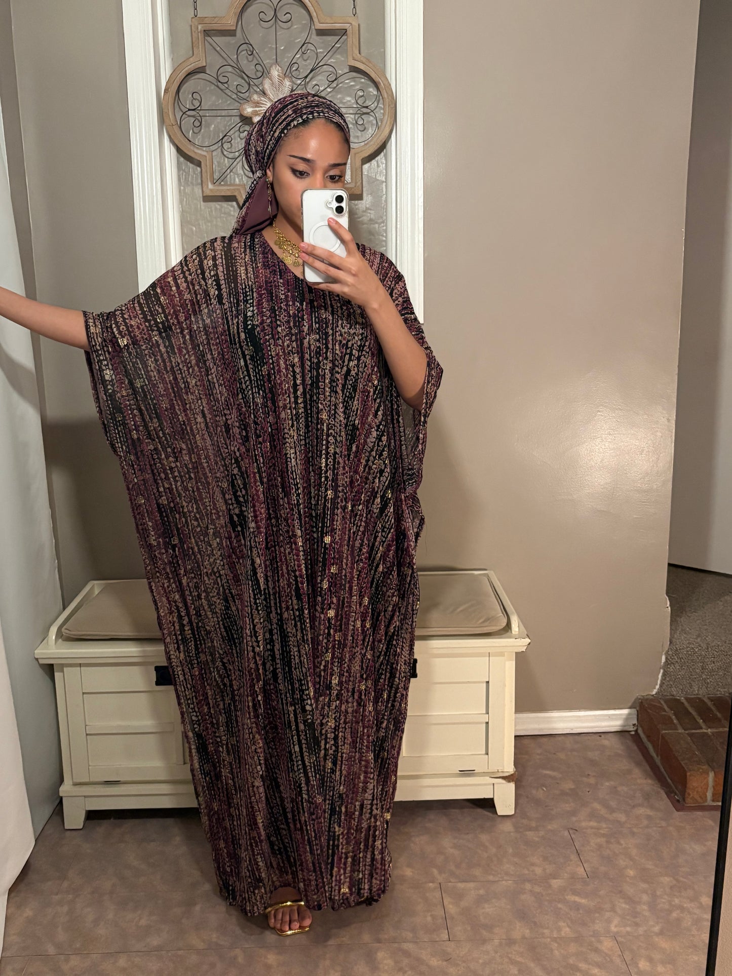 Stretchy Mesh Kaftan BuBu Dress With Sleeveless Under Dress and Scarf