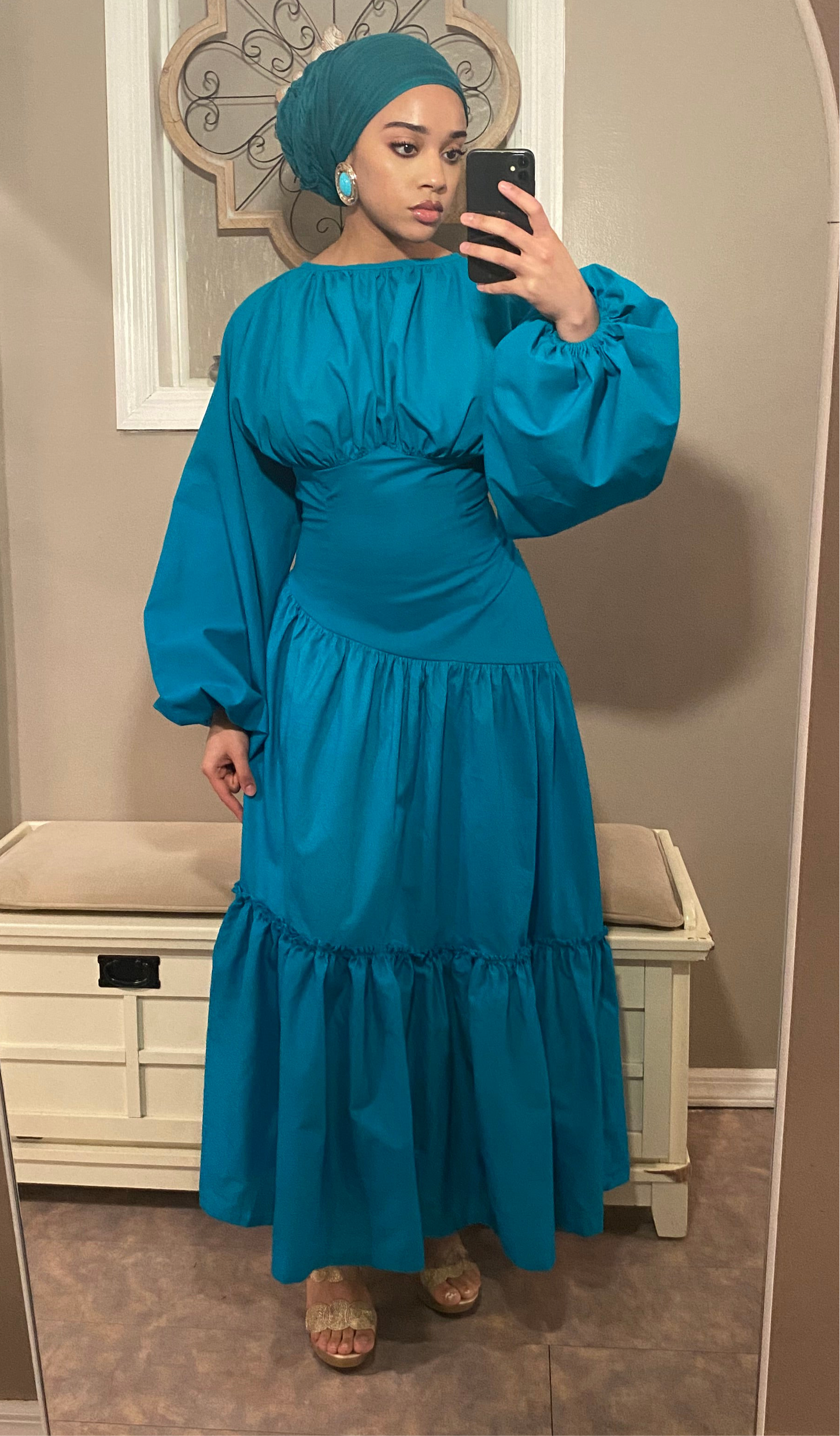 Assymetrical Waistline Cotton Puff Sleeve Dress