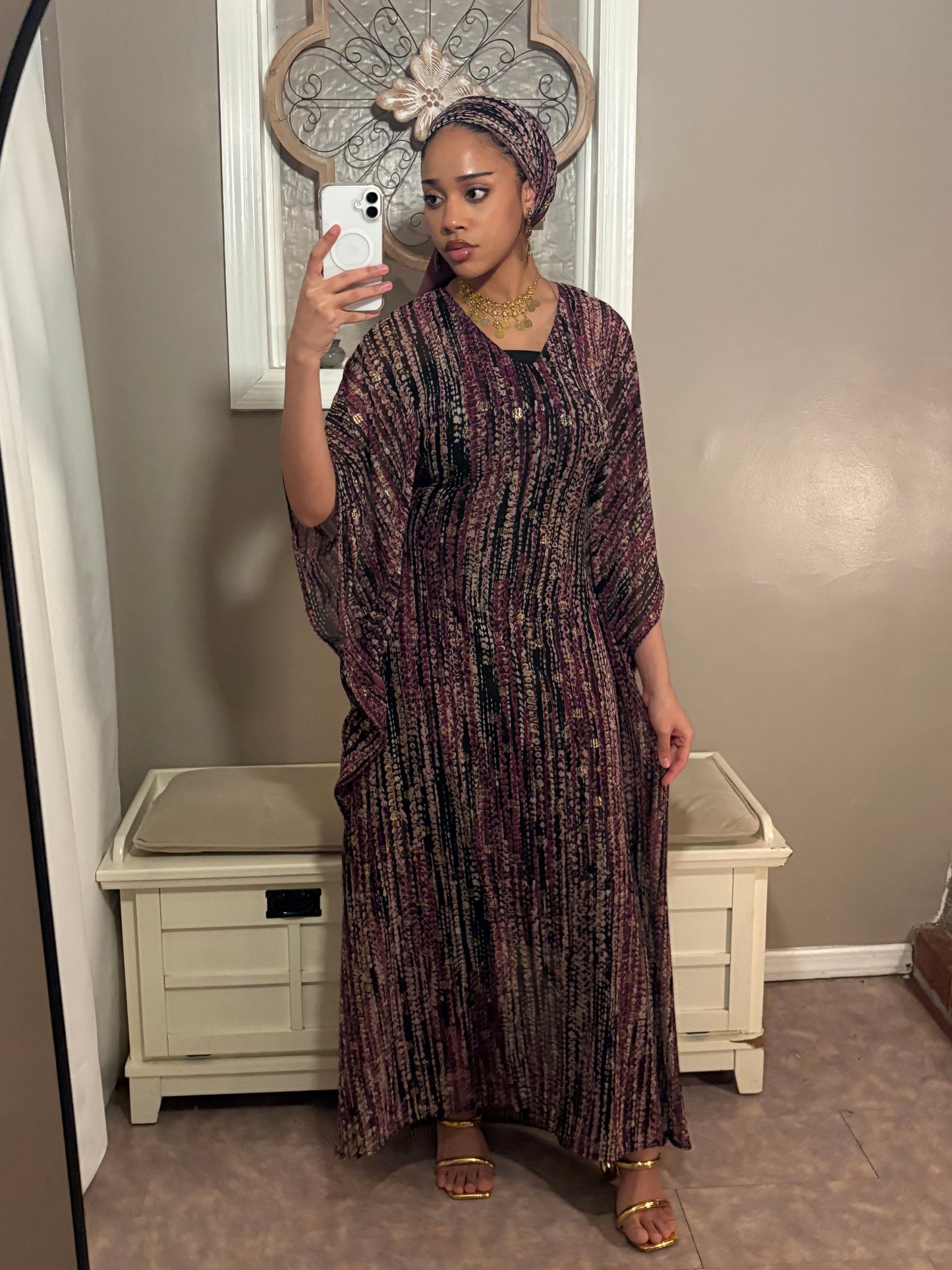 Stretchy Mesh Kaftan BuBu Dress With Sleeveless Under Dress and Scarf