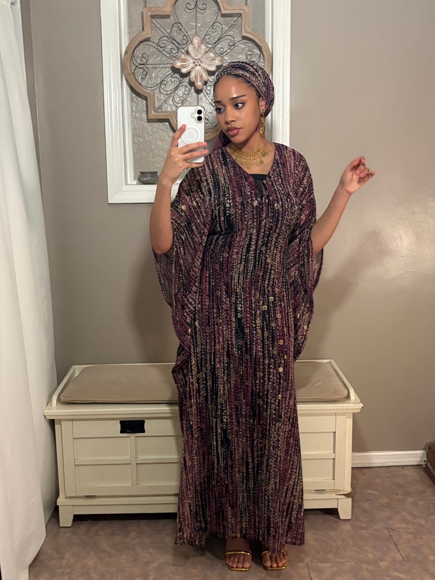 Stretchy Mesh Kaftan BuBu Dress With Sleeveless Under Dress and Scarf