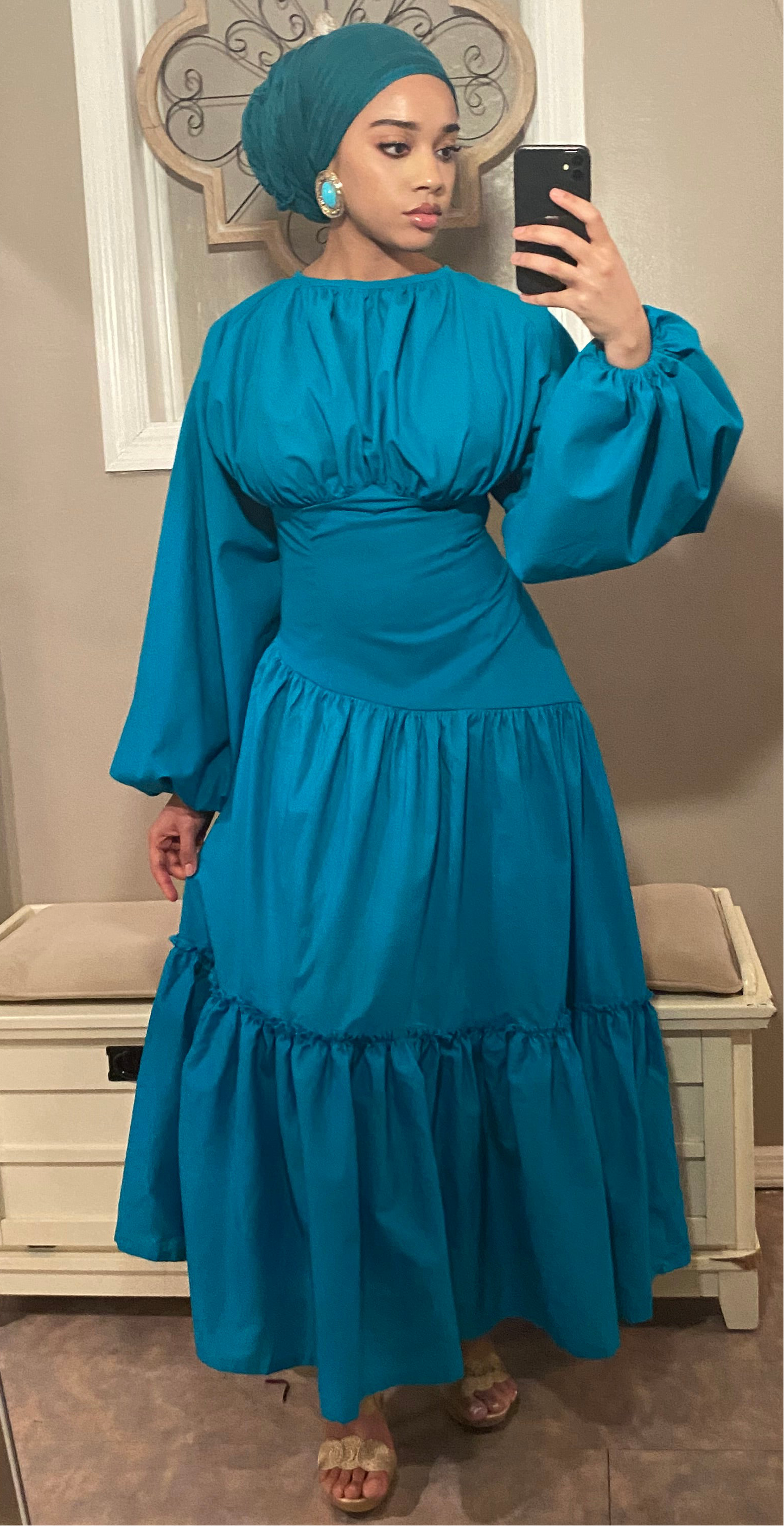 Assymetrical Waistline Cotton Puff Sleeve Dress