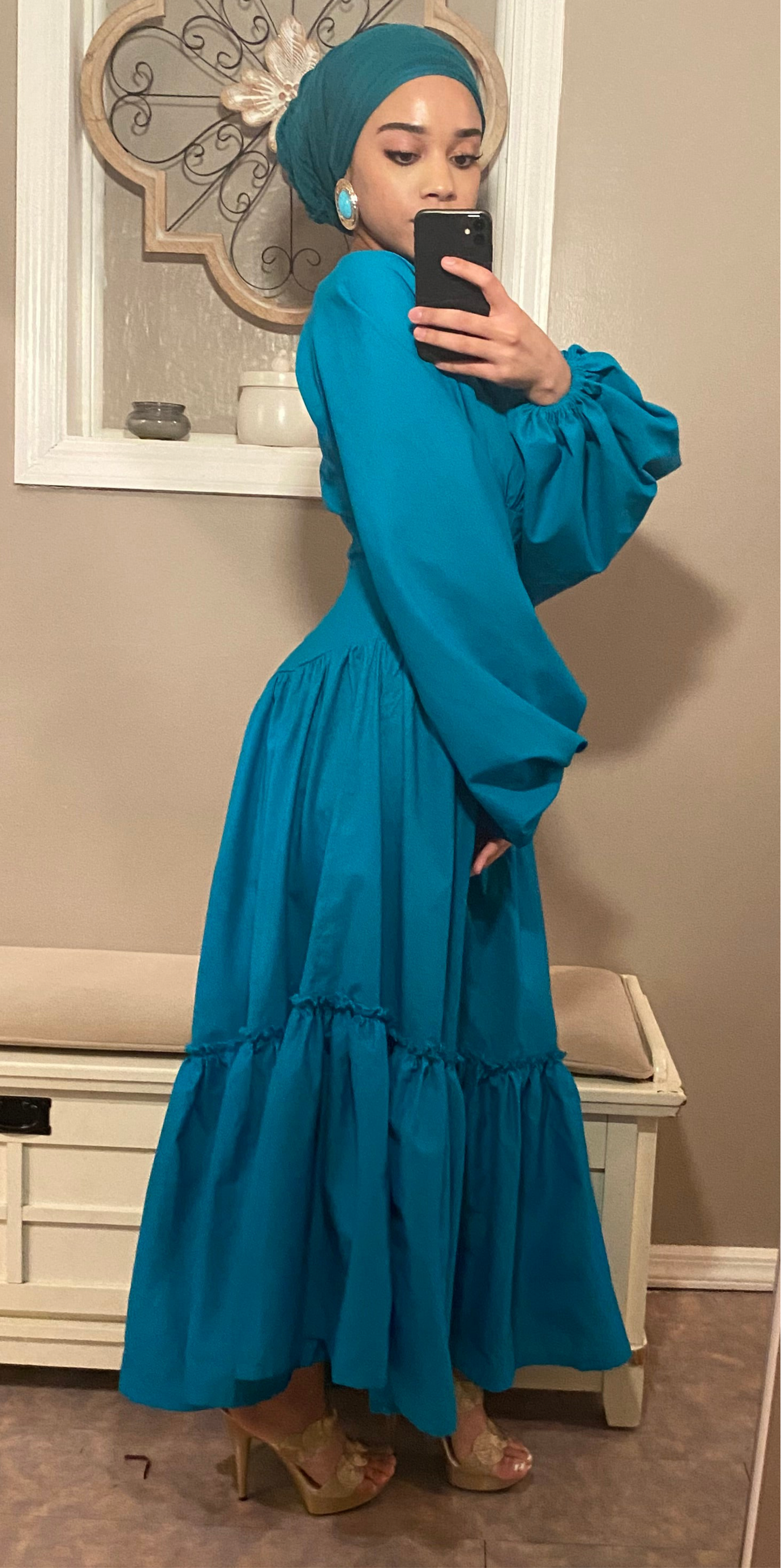 Assymetrical Waistline Cotton Puff Sleeve Dress