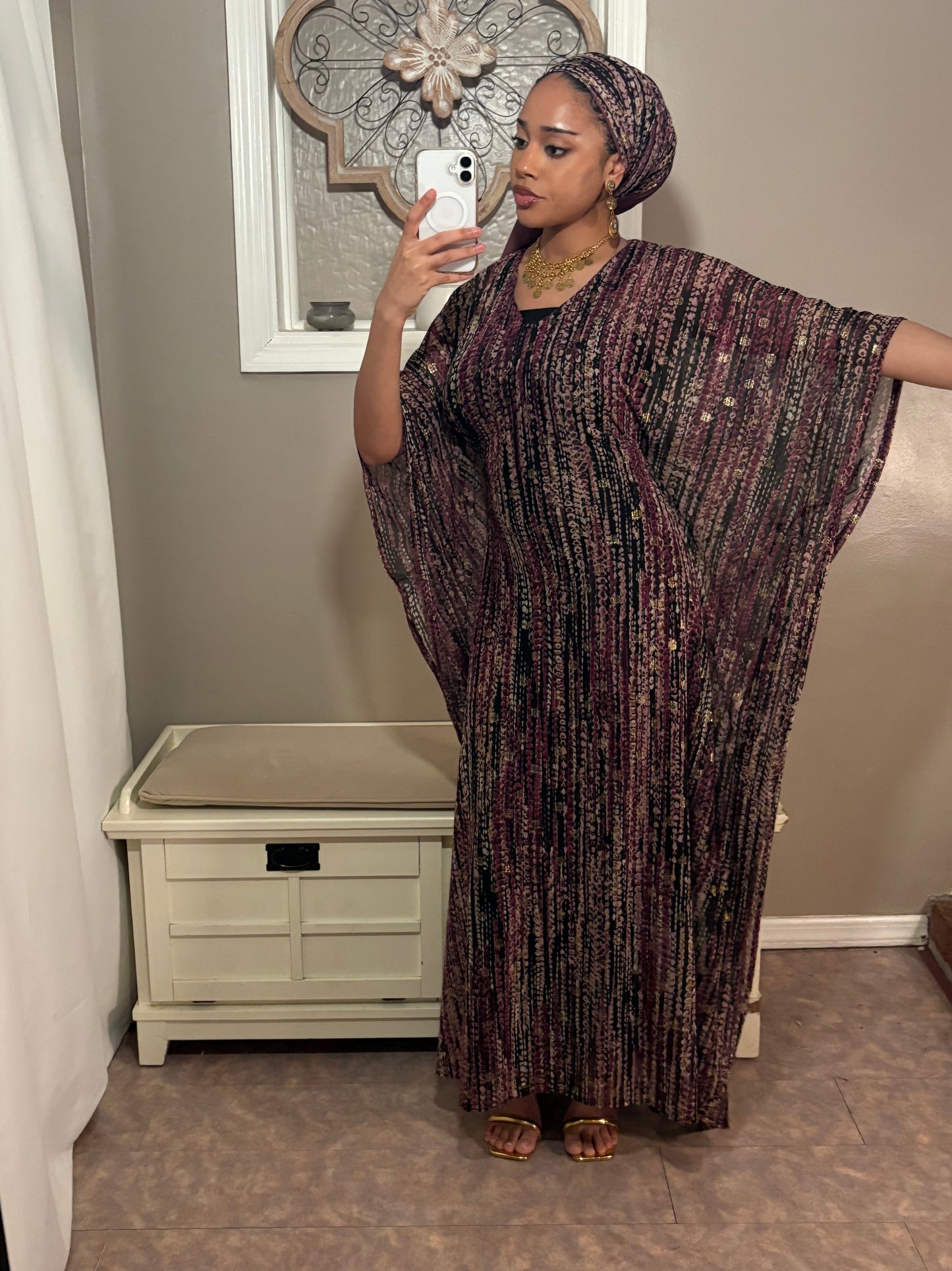 Stretchy Mesh Kaftan BuBu Dress With Sleeveless Under Dress and Scarf