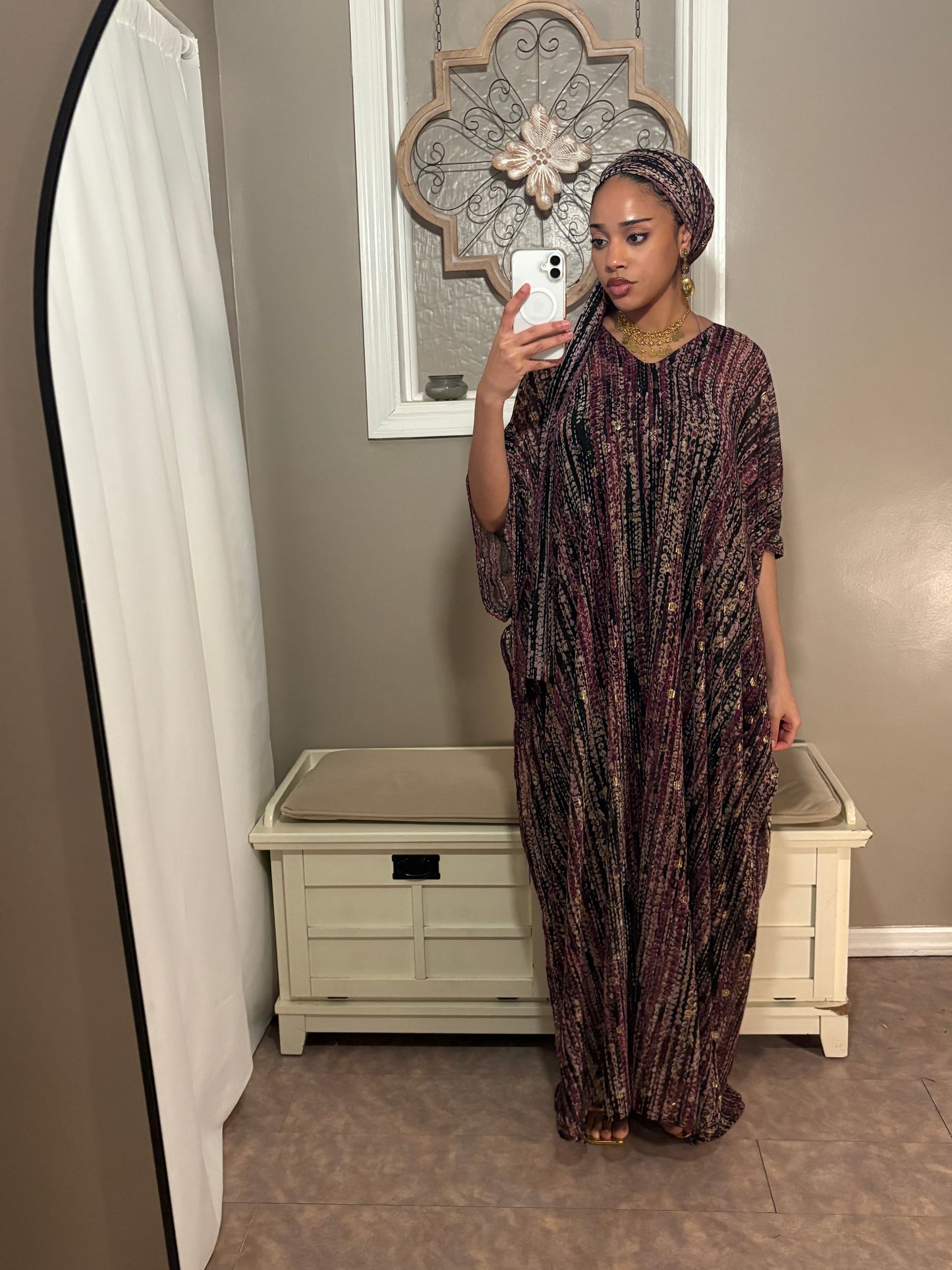 Stretchy Mesh Kaftan BuBu Dress With Sleeveless Under Dress and Scarf
