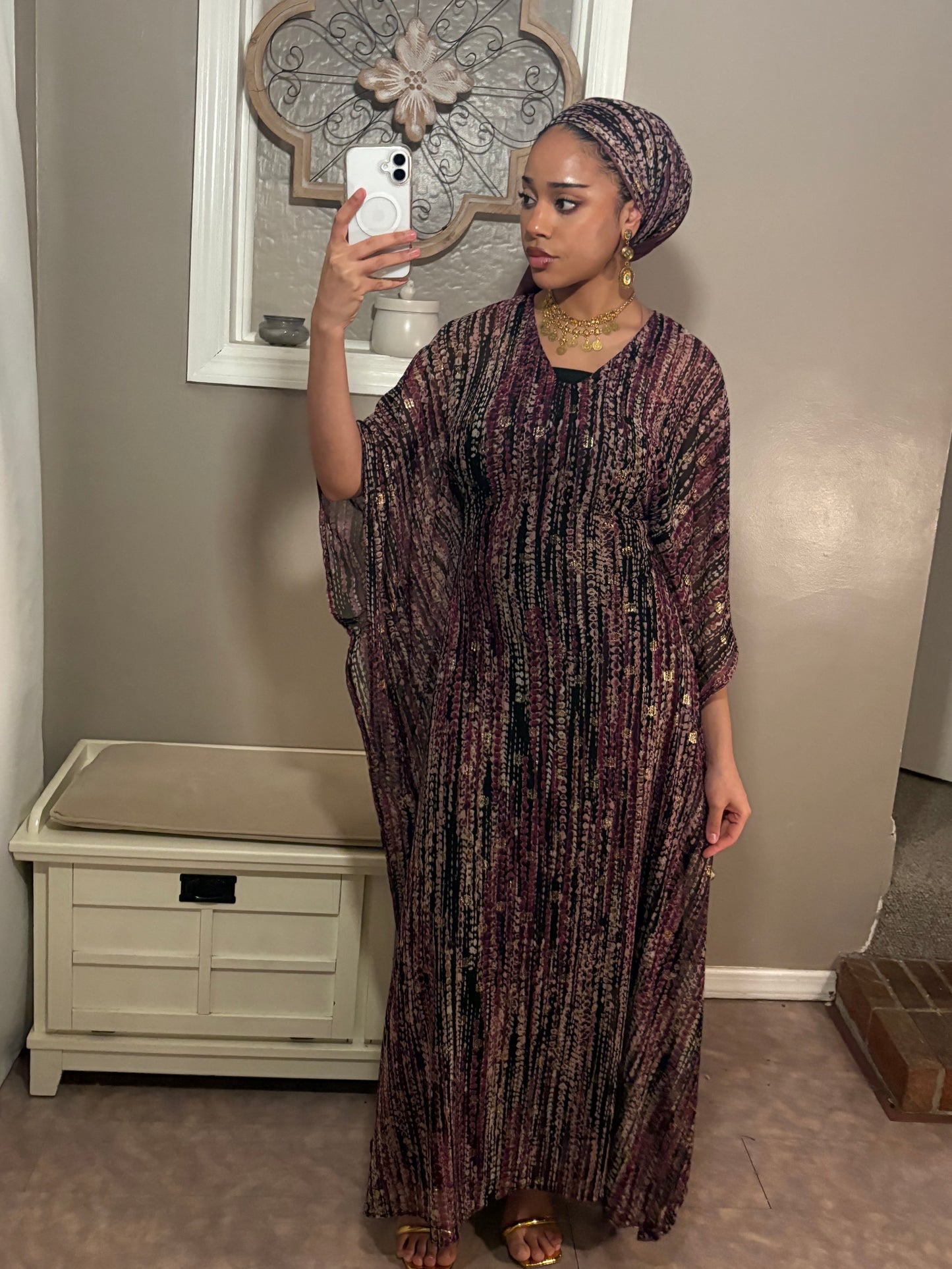 Stretchy Mesh Kaftan BuBu Dress With Sleeveless Under Dress and Scarf