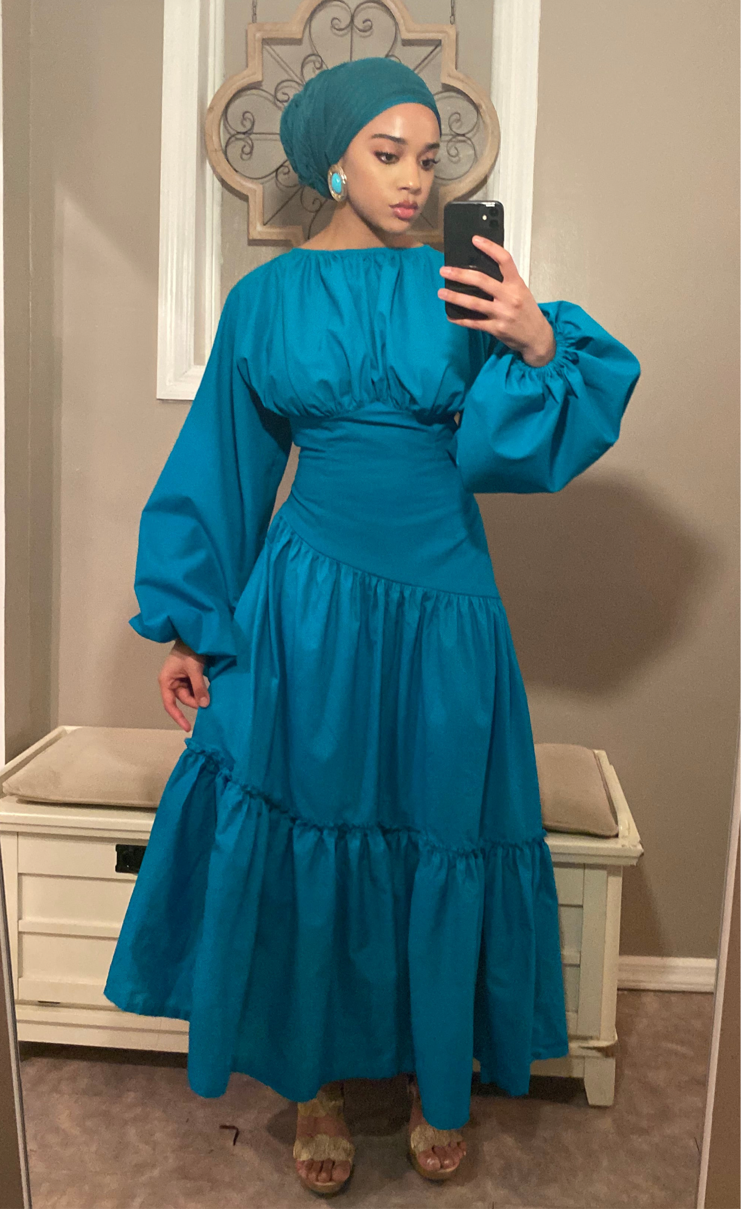 Assymetrical Waistline Cotton Puff Sleeve Dress