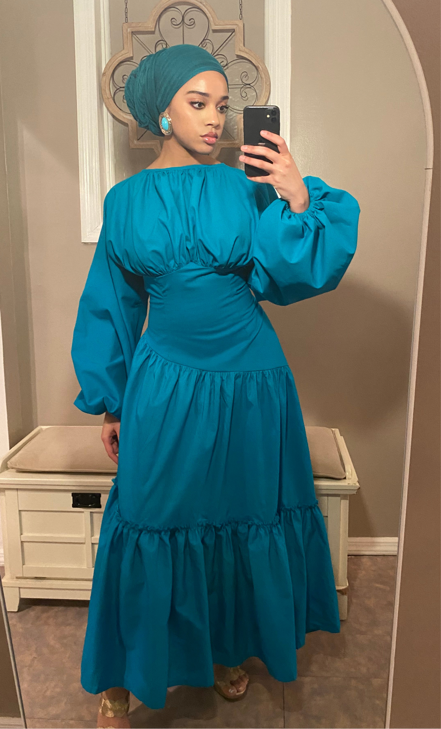 Assymetrical Waistline Cotton Puff Sleeve Dress