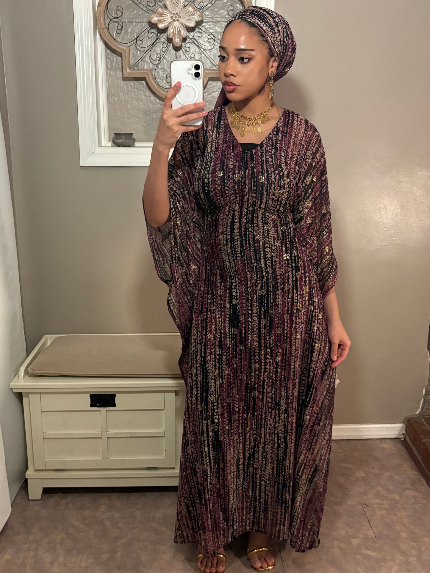 Stretchy Mesh Kaftan BuBu Dress With Sleeveless Under Dress and Scarf