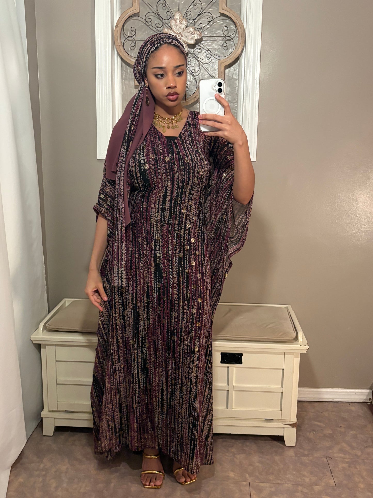 Stretchy Mesh Kaftan BuBu Dress With Sleeveless Under Dress and Scarf