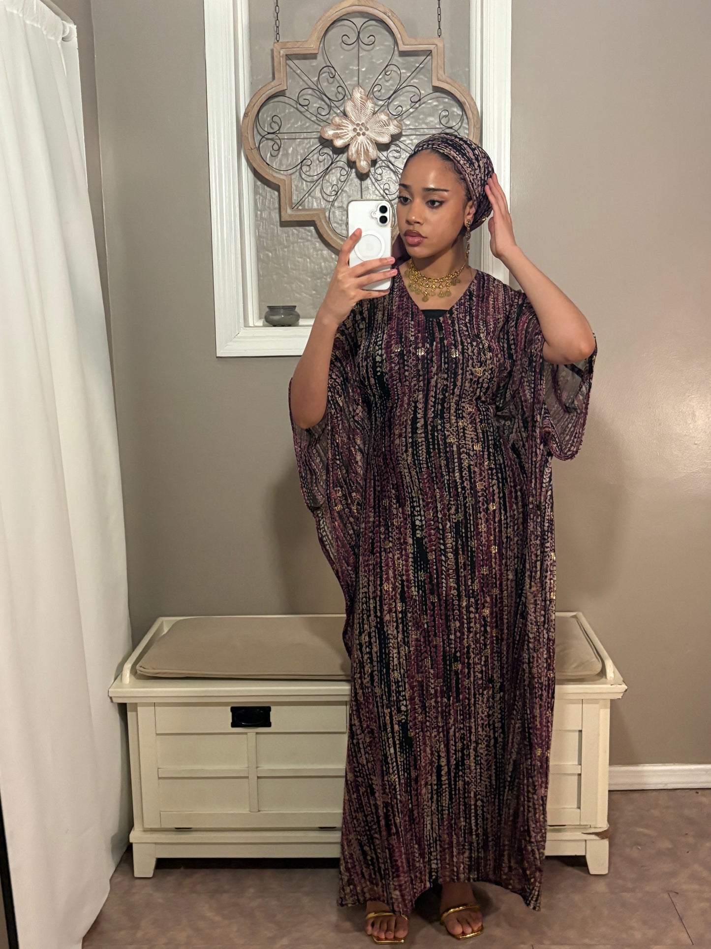 Stretchy Mesh Kaftan BuBu Dress With Sleeveless Under Dress and Scarf