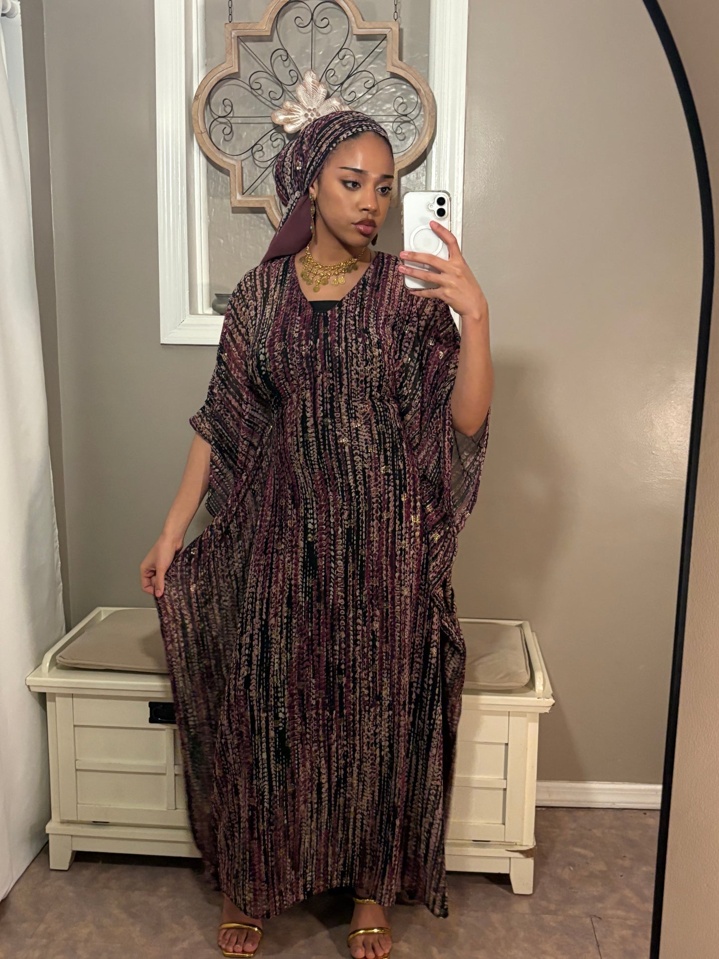 Stretchy Mesh Kaftan BuBu Dress With Sleeveless Under Dress and Scarf