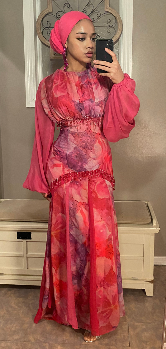 Bloom Dress (Pink Beaded Flare Gown)