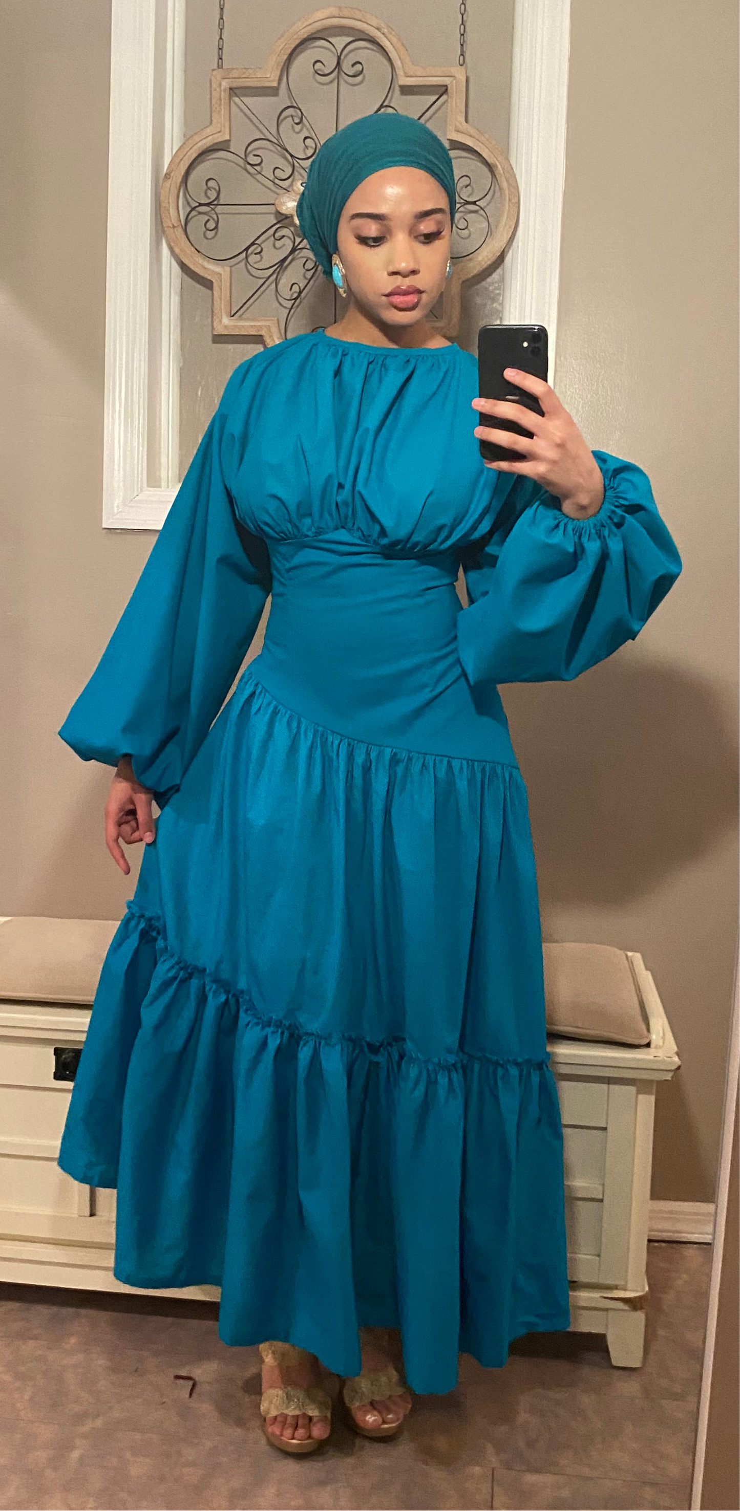 Assymetrical Waistline Cotton Puff Sleeve Dress