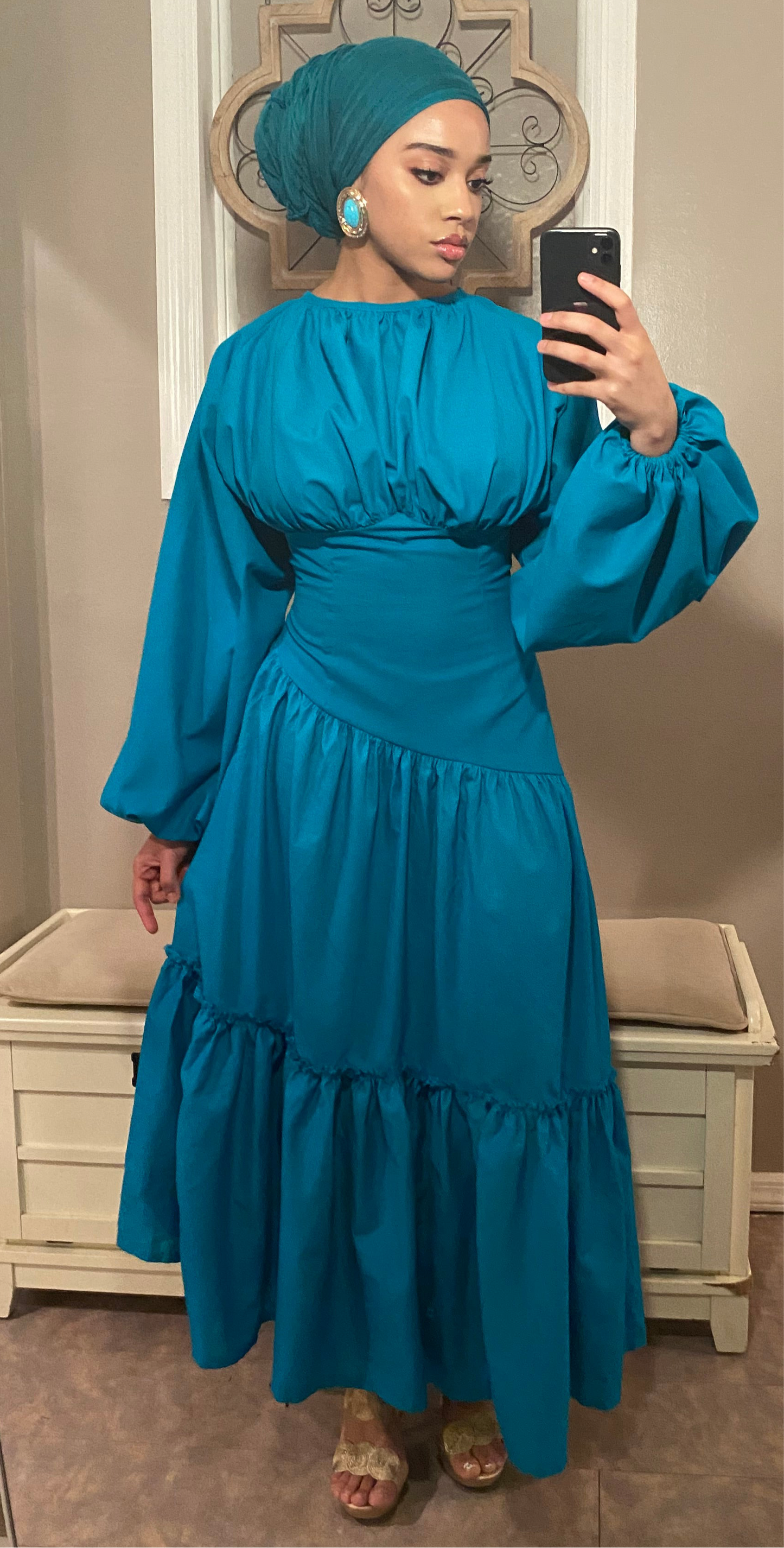 Assymetrical Waistline Cotton Puff Sleeve Dress