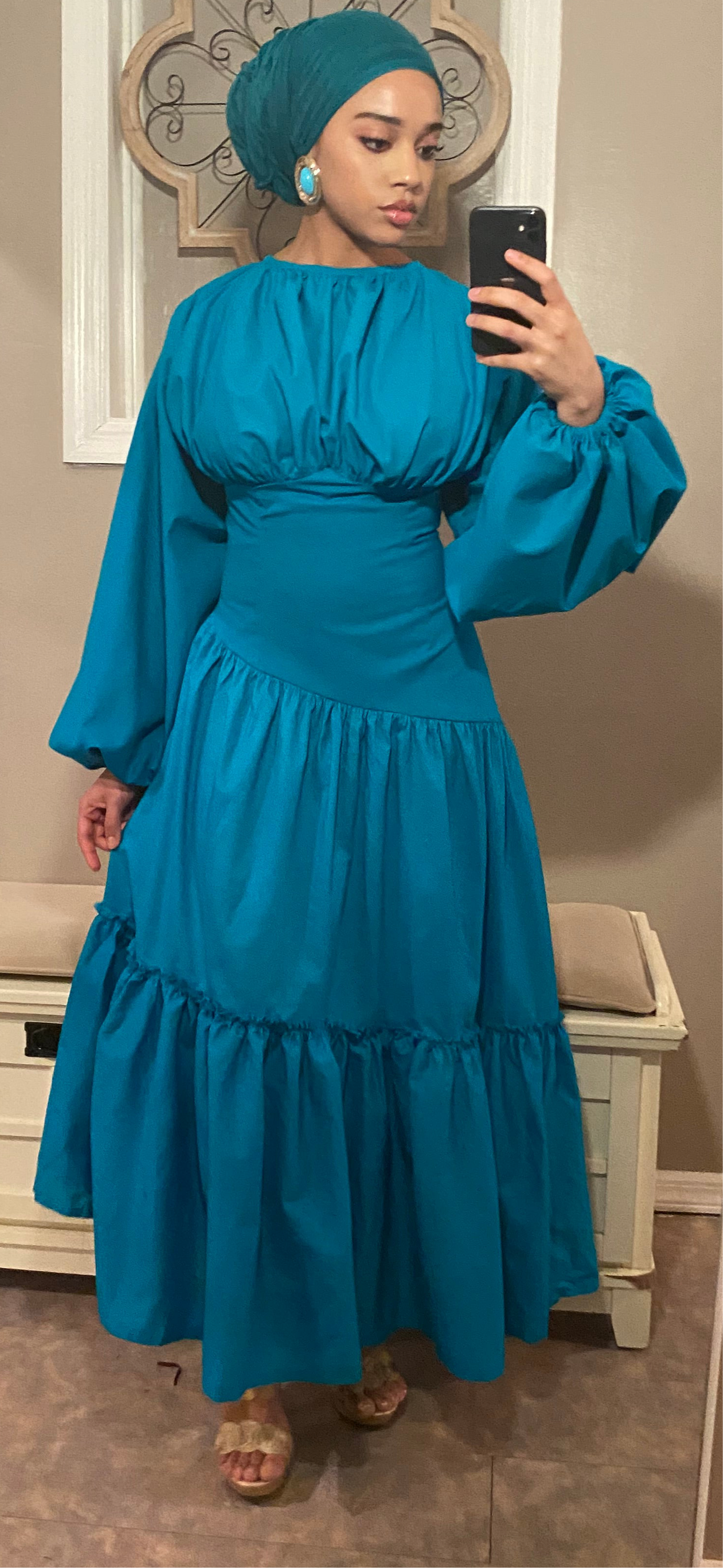 Assymetrical Waistline Cotton Puff Sleeve Dress