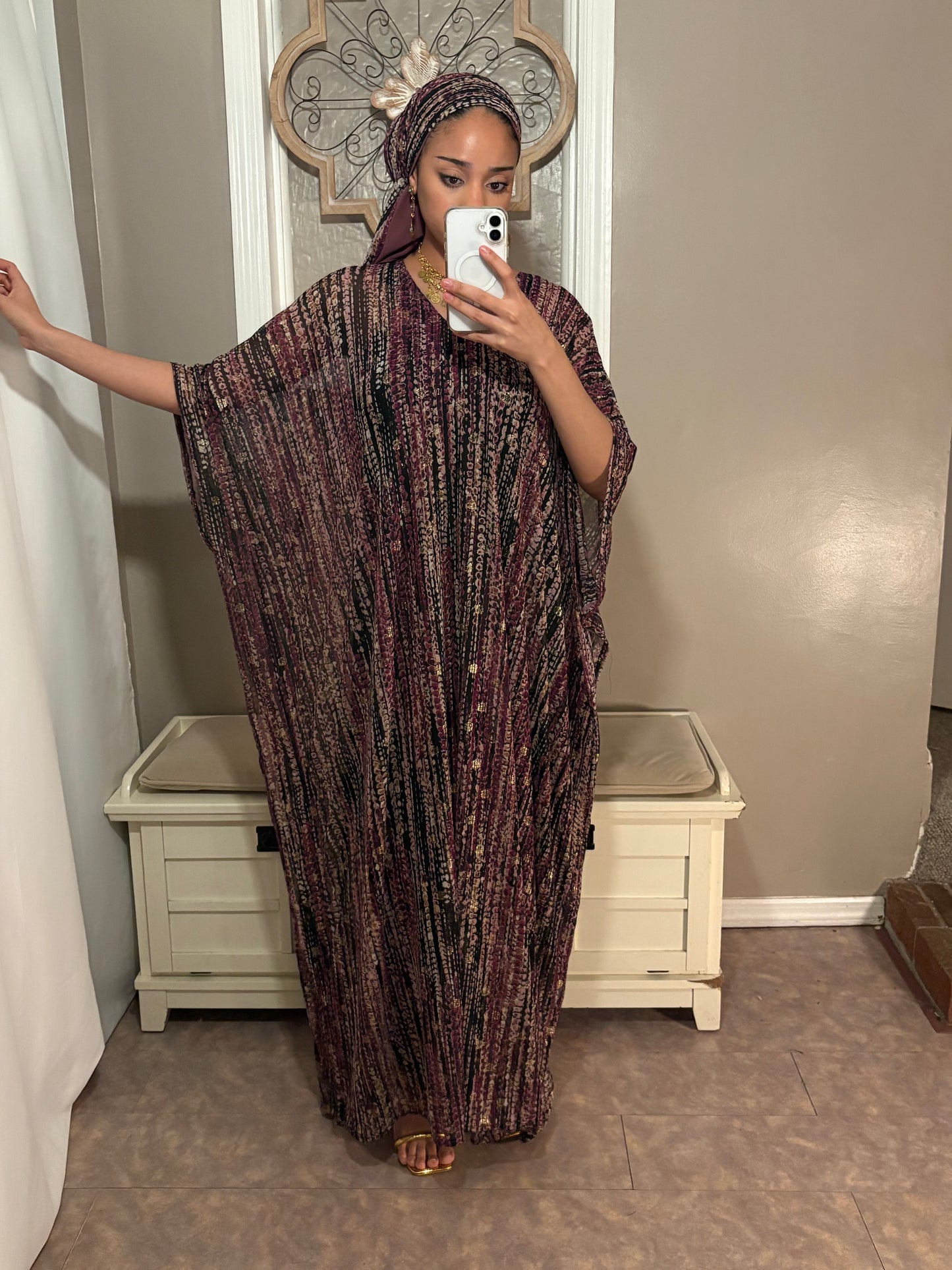 Stretchy Mesh Kaftan BuBu Dress With Sleeveless Under Dress and Scarf
