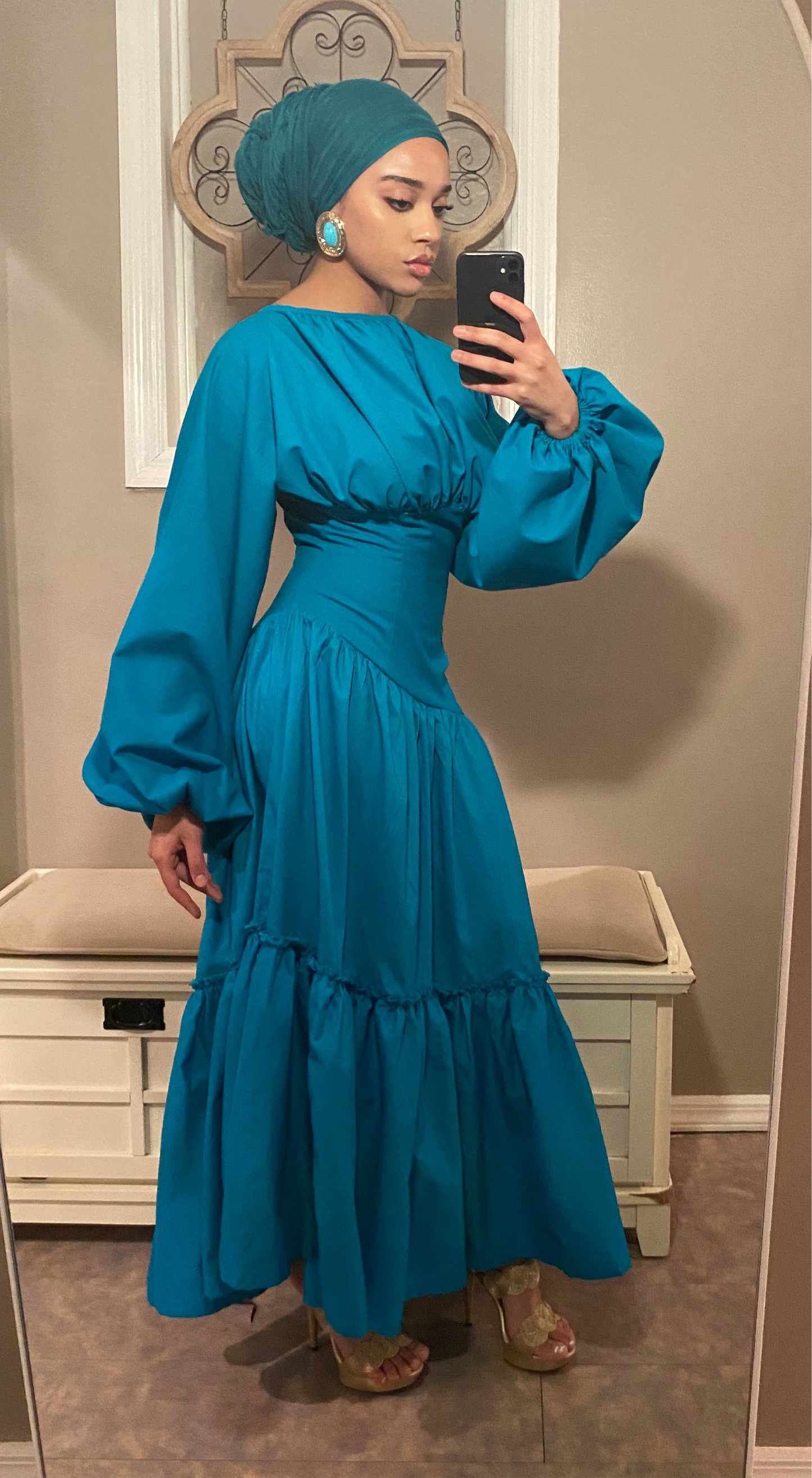 Assymetrical Waistline Cotton Puff Sleeve Dress