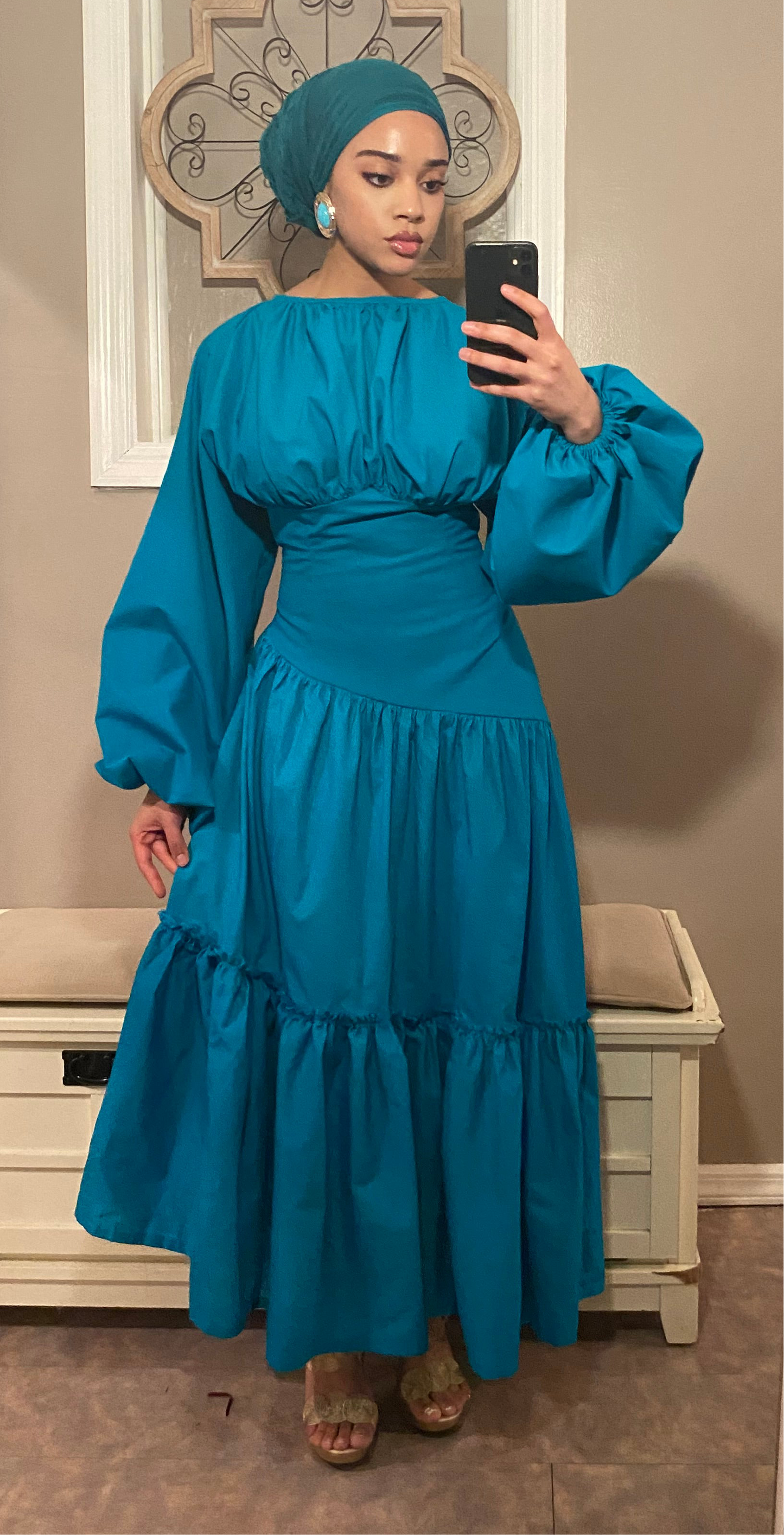 Assymetrical Waistline Cotton Puff Sleeve Dress