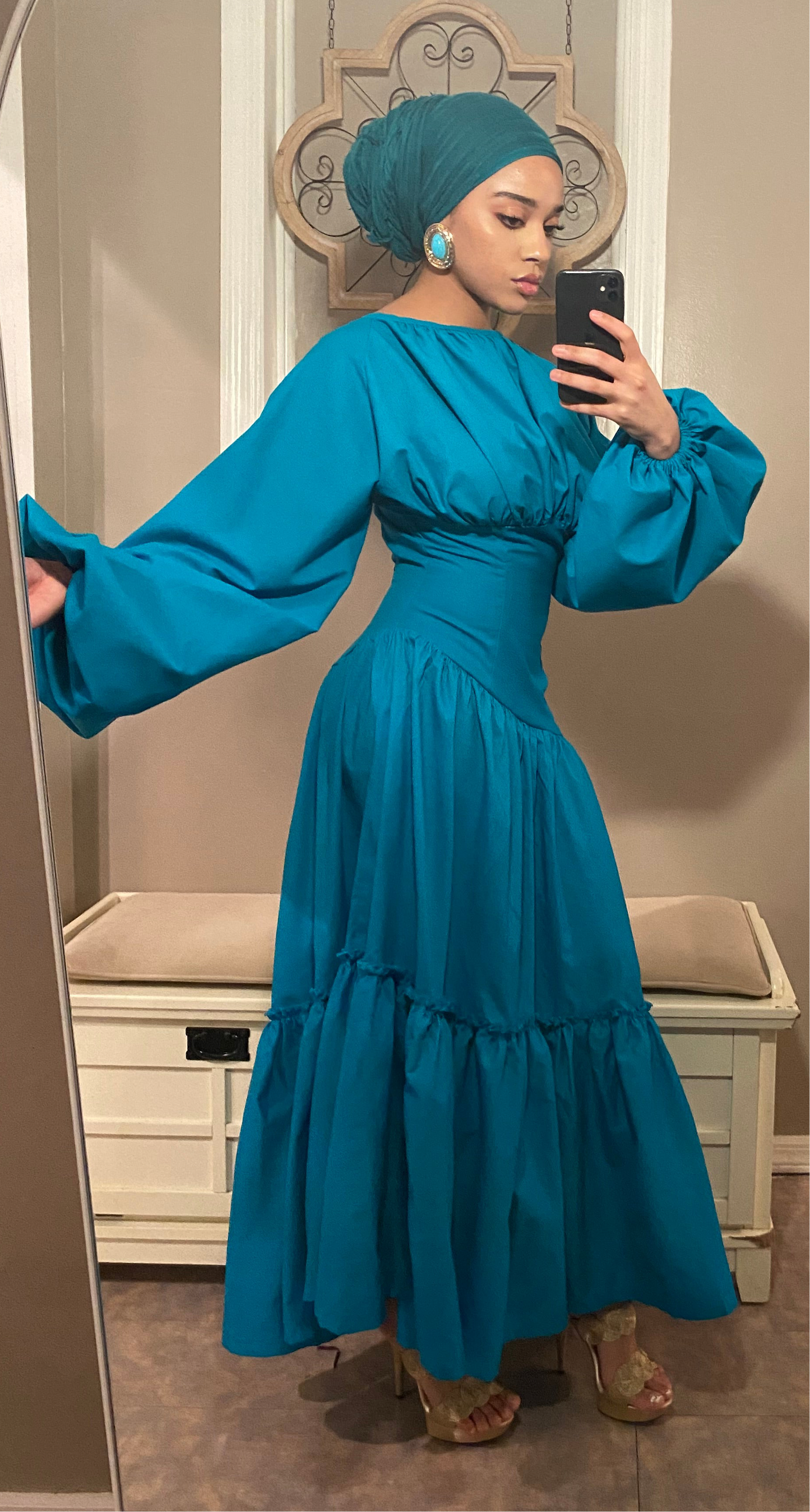 Assymetrical Waistline Cotton Puff Sleeve Dress