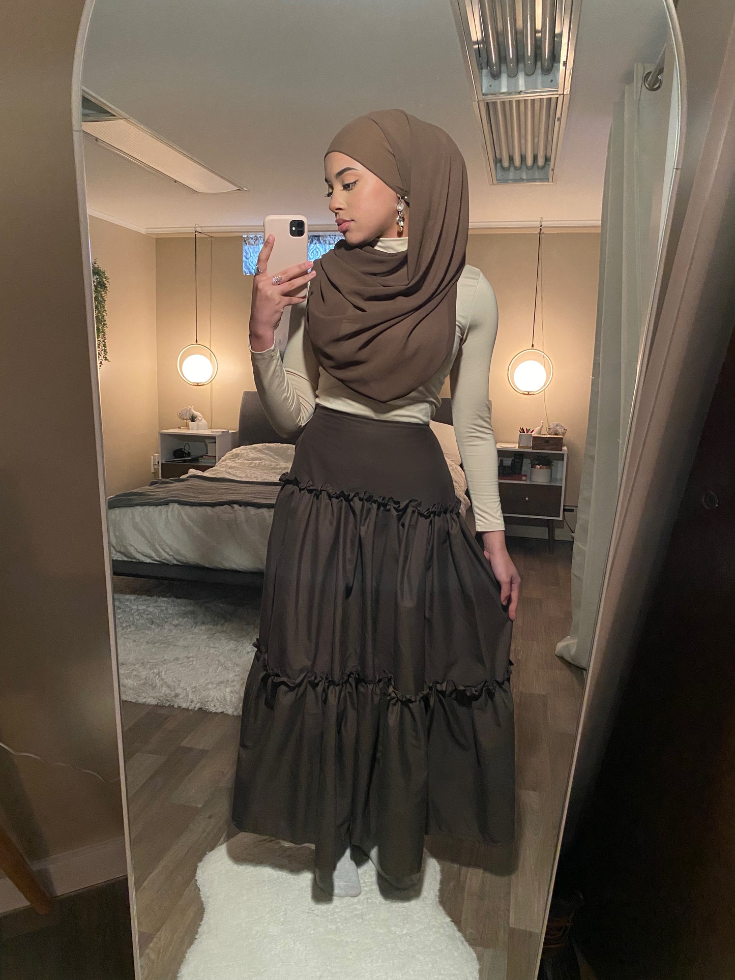 Brown ruffle trim 3 tier skirt