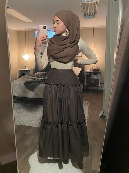 Brown ruffle trim 3 tier skirt