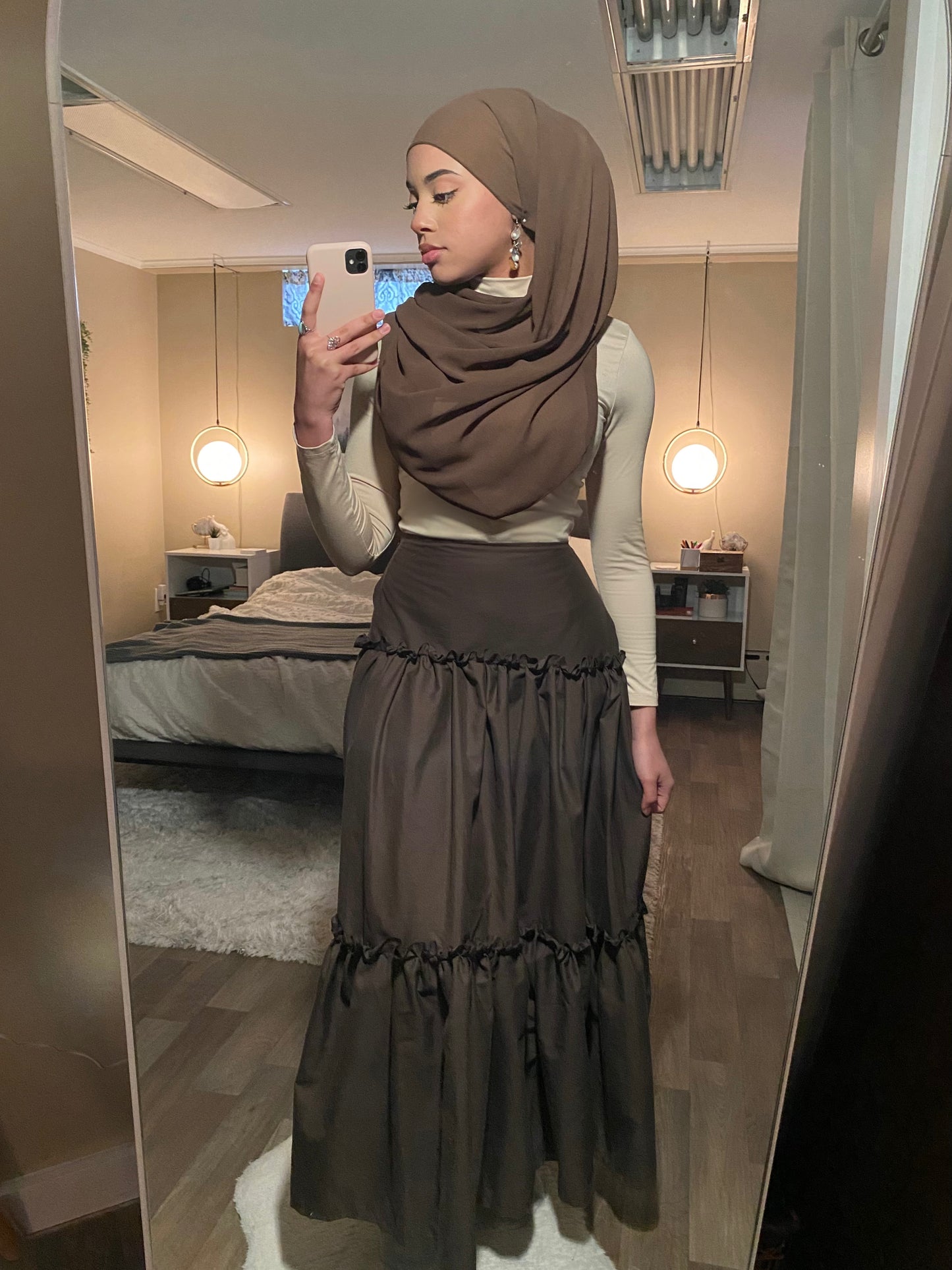 Brown ruffle trim 3 tier skirt